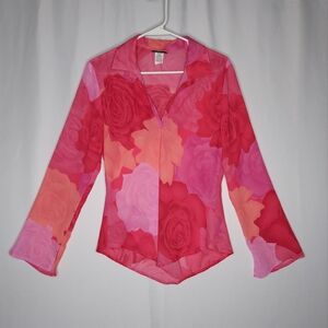 Fashion Bug 90s Top Womens Rose Print Asymmetric Flare Sleeve Whimsy Fairy Y2K
